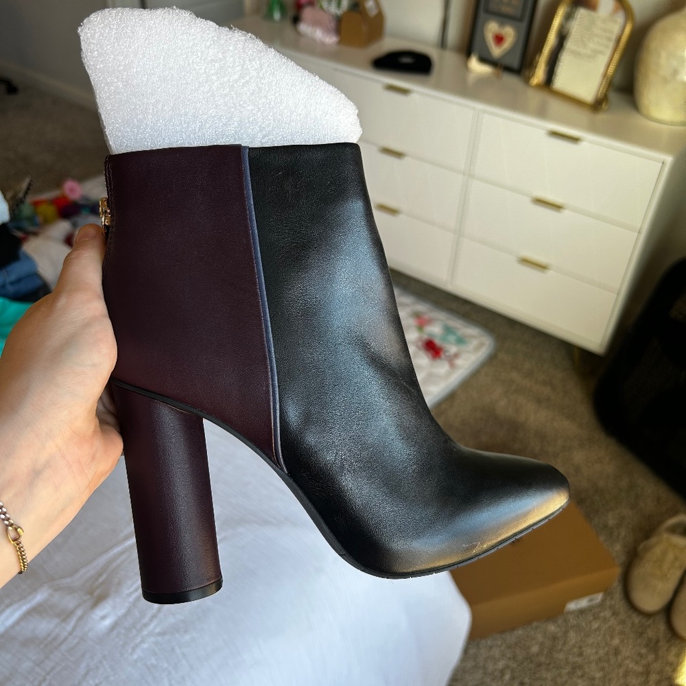 two toned leather heeled booties